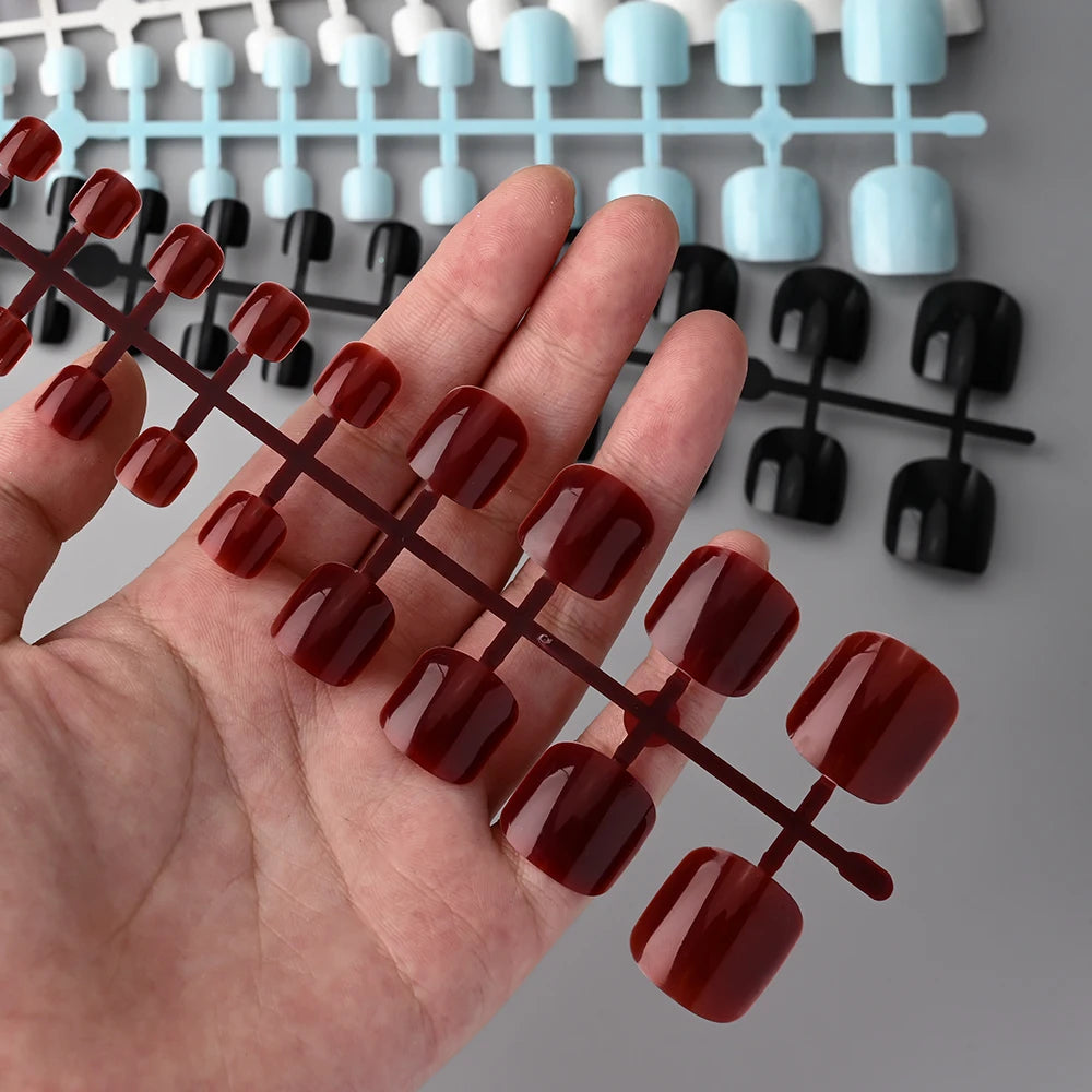 Mixed Color Short Square False Toe Nails Wine Red